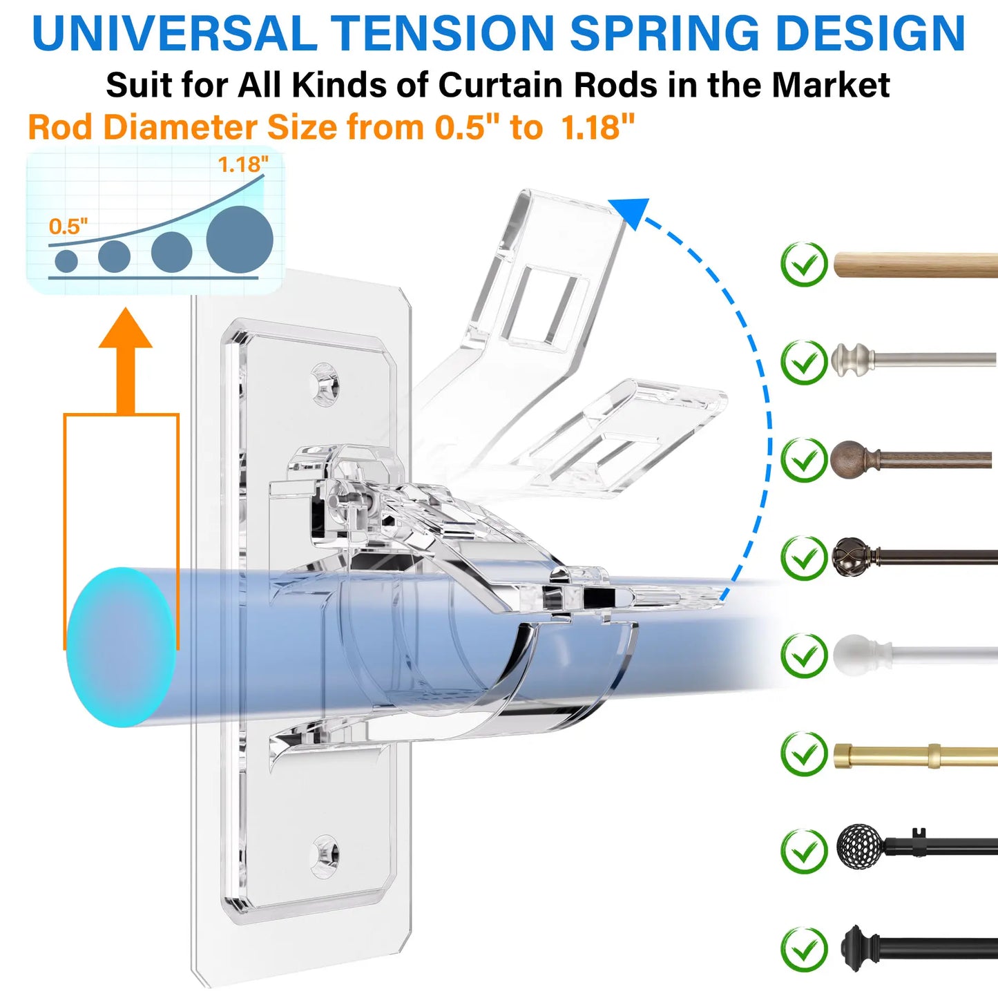 6-Pack No Drill Needed Curtain Rod Holders Brackets, Self Adhesive Rod Holder Hooks, Multipurpose Nail Free Stick on Curtain Rod Hooks Decor Bathroom