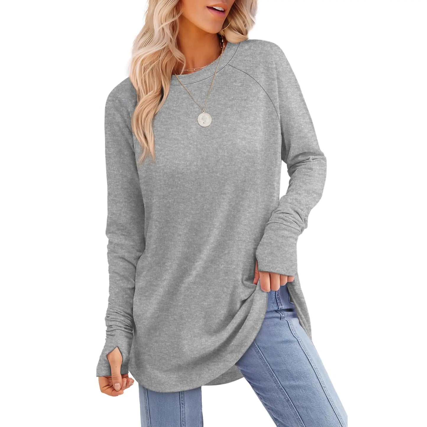 WIHOLL Womens Tunic Tops to Wear with Leggings Long Sleeve Thumb Hole Shirts Crew Neck Curved Hem SpringStatements