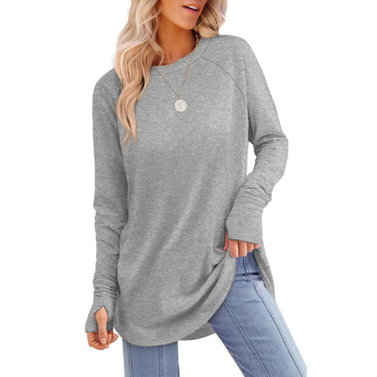 WIHOLL Womens Tunic Tops to Wear with Leggings Long Sleeve Thumb Hole Shirts Crew Neck Curved Hem SpringStatements