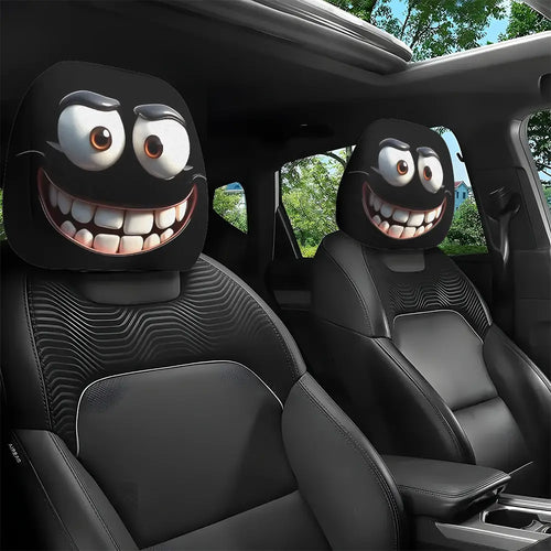 2pcs Set of Funny Big-Eyed Grinning Cartoon Print Car Seat Headrest Covers, Universal Fit for Long Road Trips & Daily Commutes – Perfect for Halloween/Christmas Holiday Decor, Car Interior Decoration
