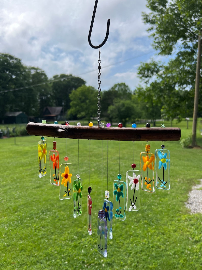 🌿 Colorful Fused Glass Floral Hangers – Unique Outdoor Accent