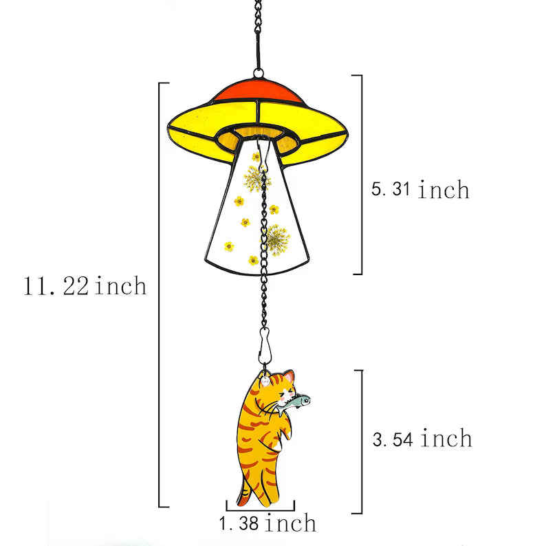 Custom Stained Glass Cat UFO Spaceship Suncatcher: Pressed Flower Alien Encounter Mobile