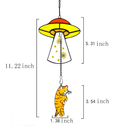 Custom Stained Glass Cat UFO Spaceship Suncatcher: Pressed Flower Alien Encounter Mobile