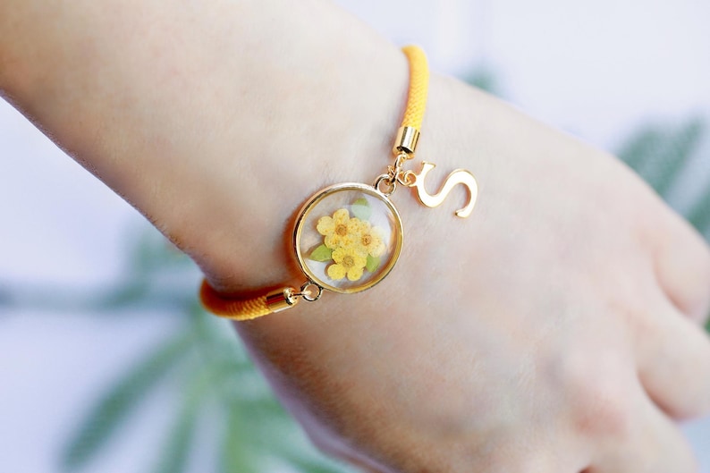 Birth Month Flower Bracelet Personalized Birthday Gift Pressed Flower Adjustable Bracelet Forgetme not Lavender Hydrangea Sunflower Bracelet
