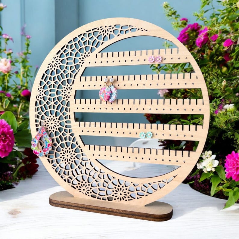 Floral Moon Earring Holder: Birch Wood Jewelry Display