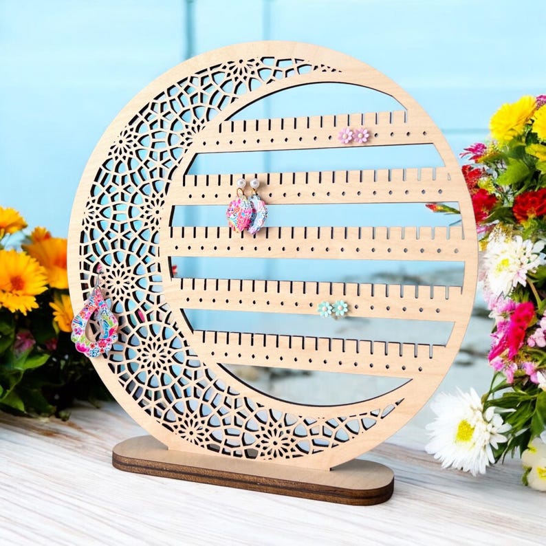 Floral Moon Earring Holder: Birch Wood Jewelry Display