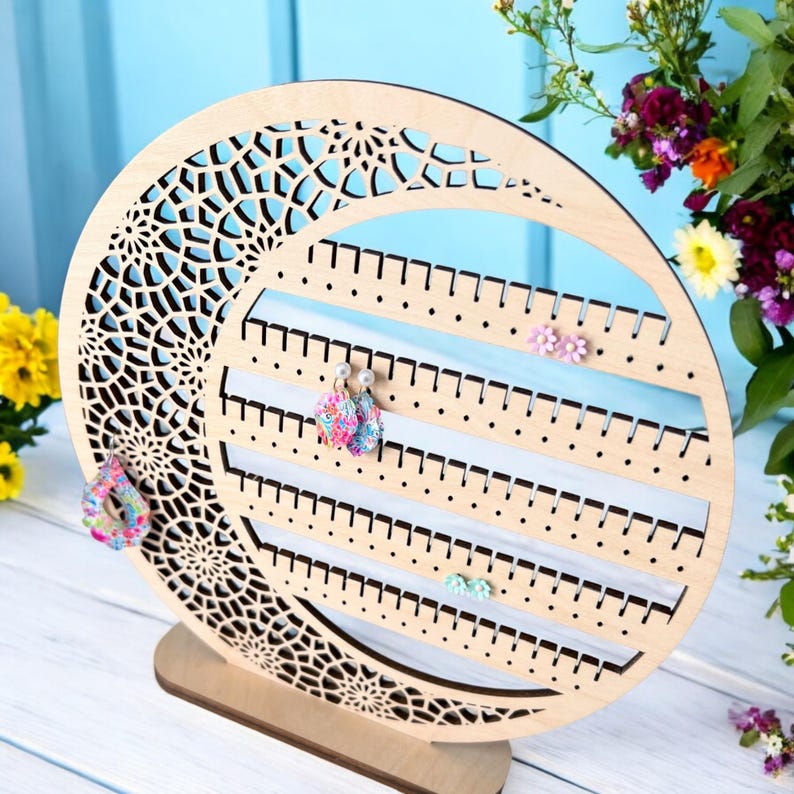 Floral Moon Earring Holder: Birch Wood Jewelry Display