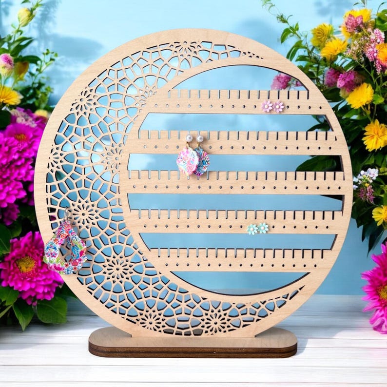 Floral Moon Earring Holder: Birch Wood Jewelry Display