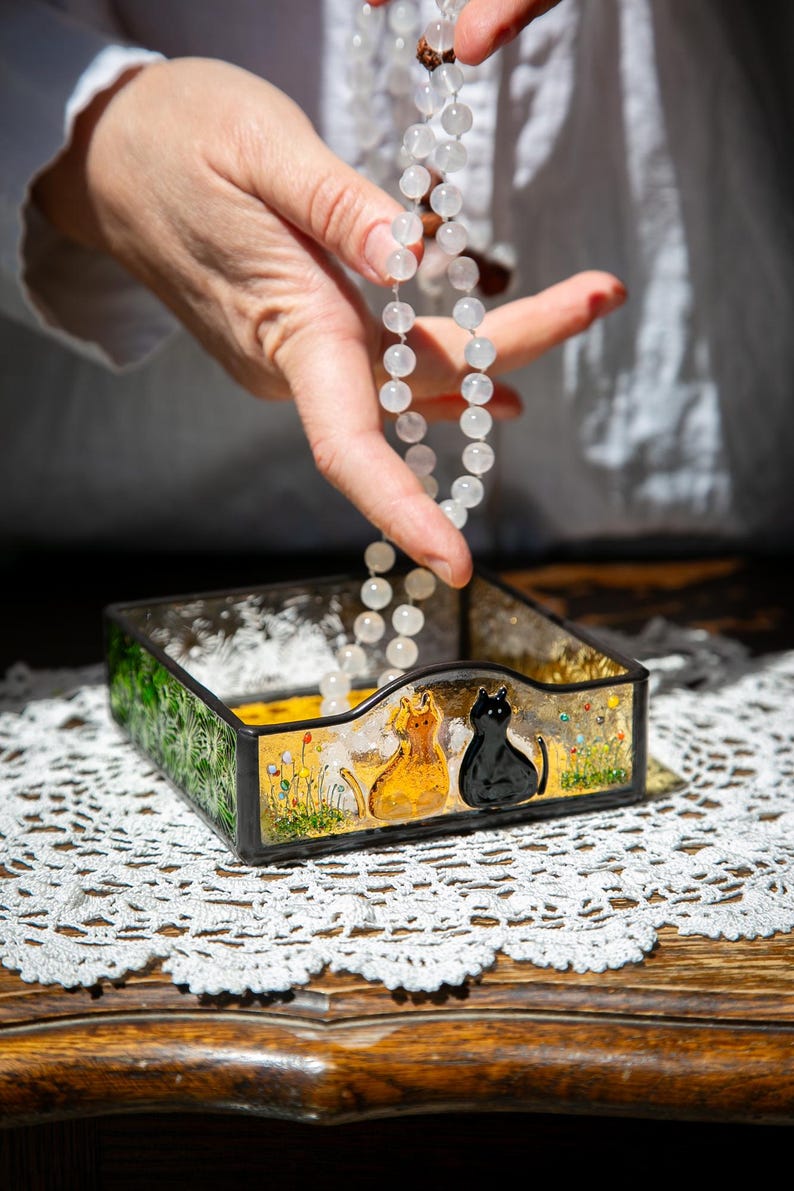 Fused Glass Cat Mom Gift – Custom Stained Glass Tray, Pet Keepsake