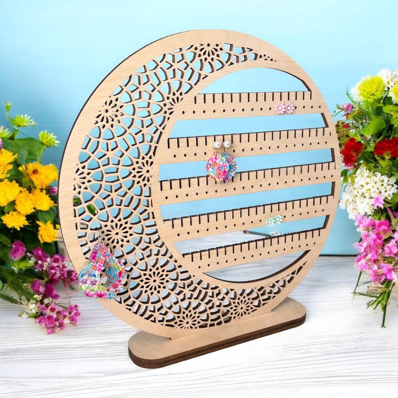 Floral Moon Earring Holder: Birch Wood Jewelry Display