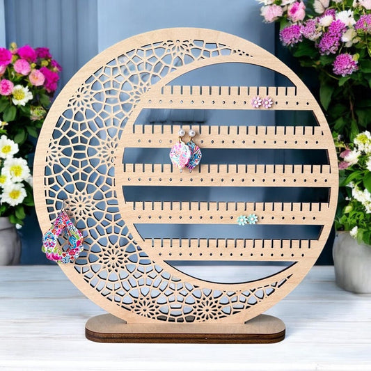 Floral Moon Earring Holder: Birch Wood Jewelry Display