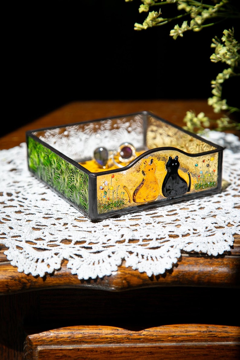 Fused Glass Cat Mom Gift – Custom Stained Glass Tray, Pet Keepsake