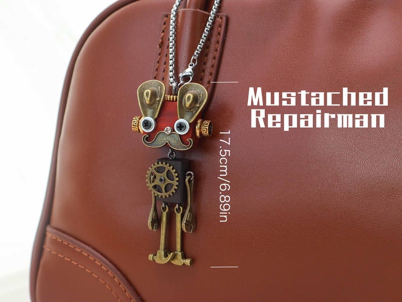 Handmade Wooden Steampunk Robot Necklace, Unique Bag Charm