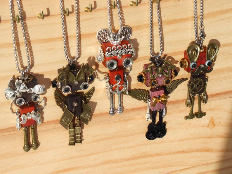 Handmade Wooden Steampunk Robot Necklace, Unique Bag Charm