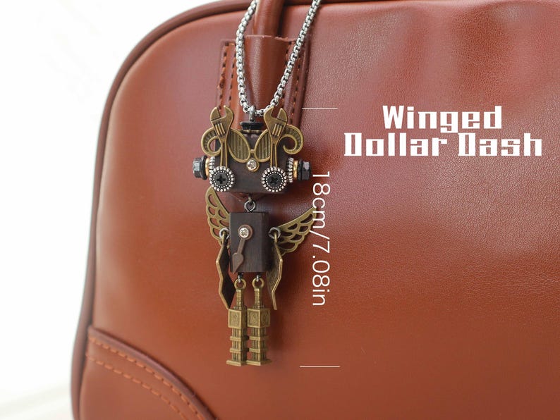 Handmade Wooden Steampunk Robot Necklace, Unique Bag Charm