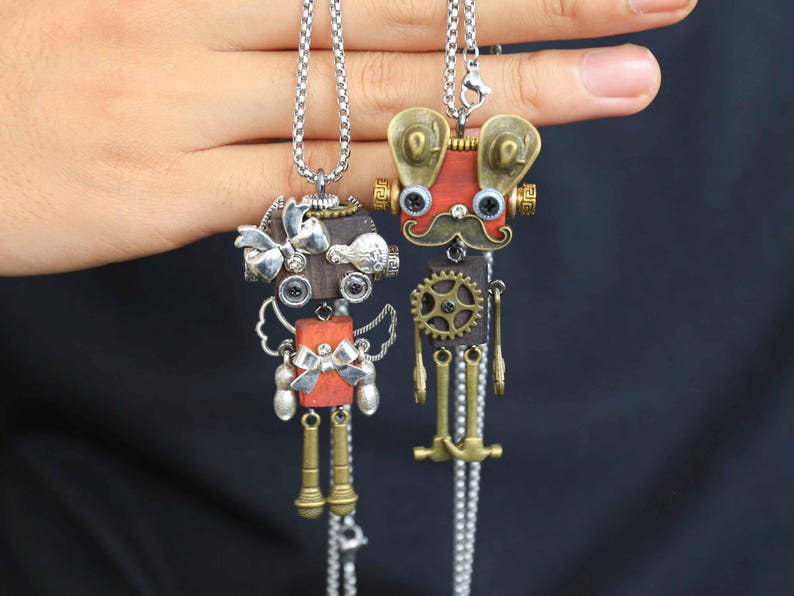 Handmade Wooden Steampunk Robot Necklace, Unique Bag Charm