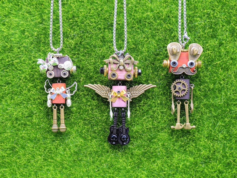 Handmade Wooden Steampunk Robot Necklace, Unique Bag Charm