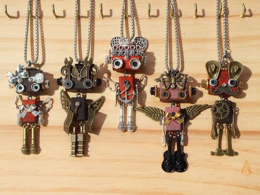 Handmade Wooden Steampunk Robot Necklace, Unique Bag Charm