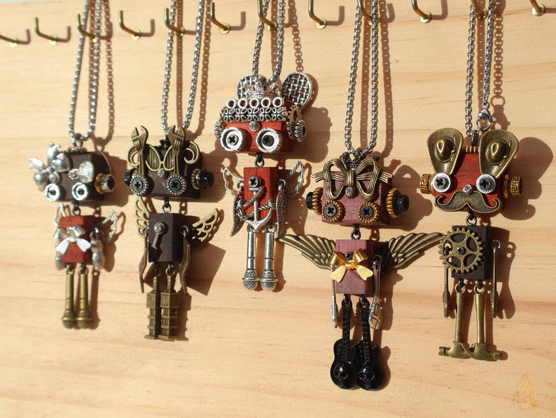 Handmade Wooden Steampunk Robot Necklace, Unique Bag Charm