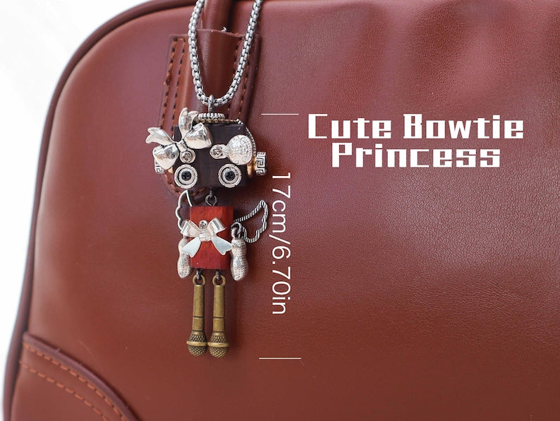 Handmade Wooden Steampunk Robot Necklace, Unique Bag Charm