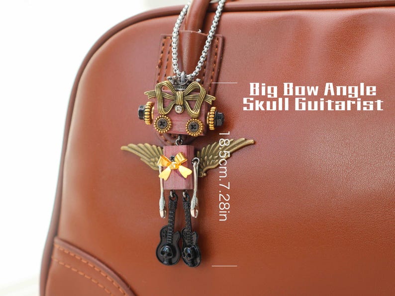 Handmade Wooden Steampunk Robot Necklace, Unique Bag Charm