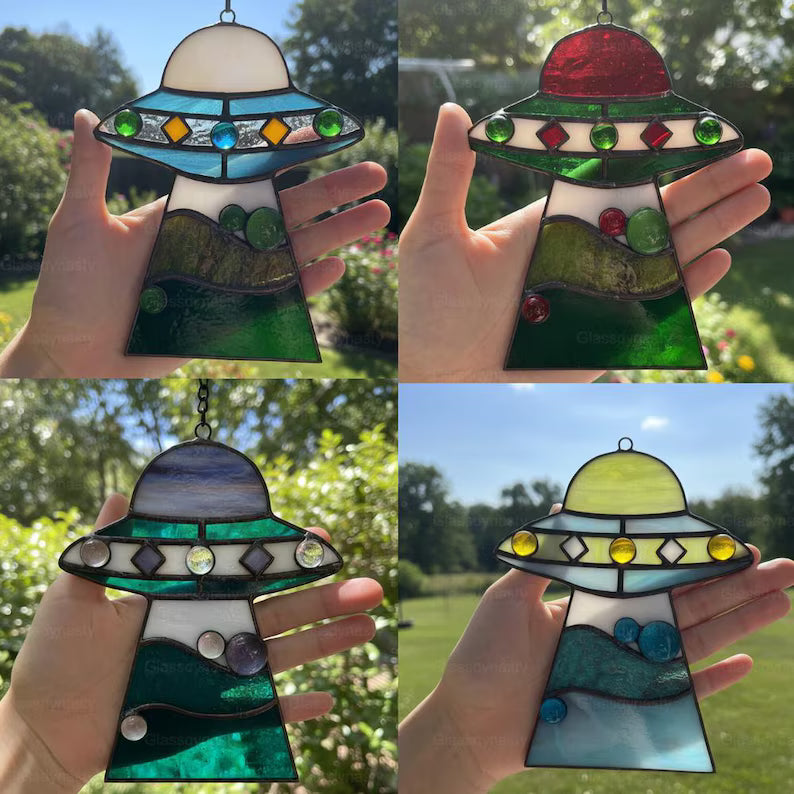 Custom Stained Glass Cat UFO Spaceship Suncatcher: Pressed Flower Alien Encounter Mobile
