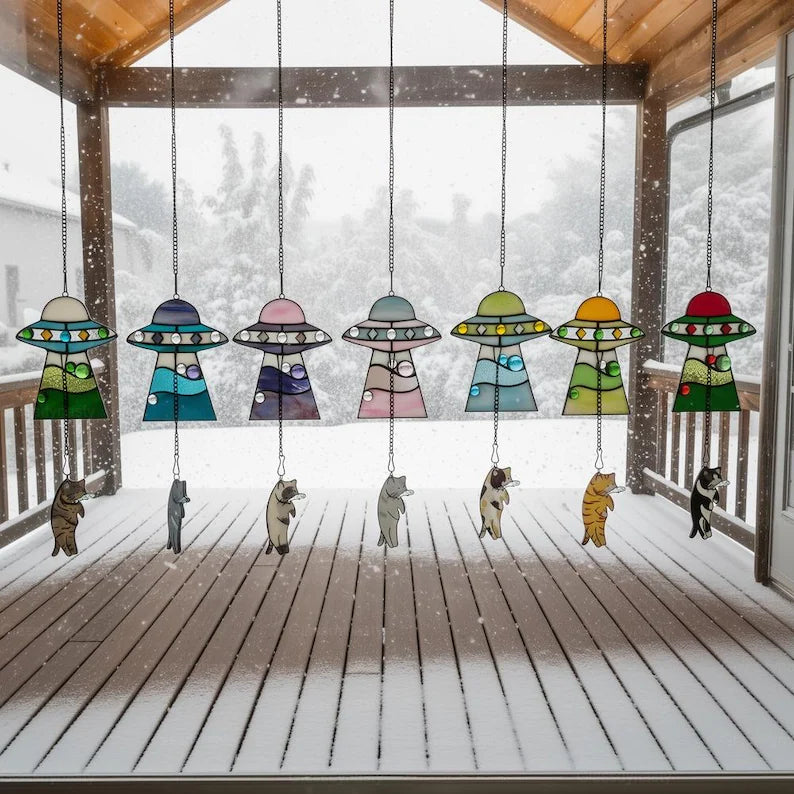 Custom Stained Glass Cat UFO Spaceship Suncatcher: Pressed Flower Alien Encounter Mobile
