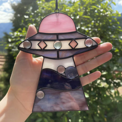 Custom Stained Glass Cat UFO Spaceship Suncatcher: Pressed Flower Alien Encounter Mobile