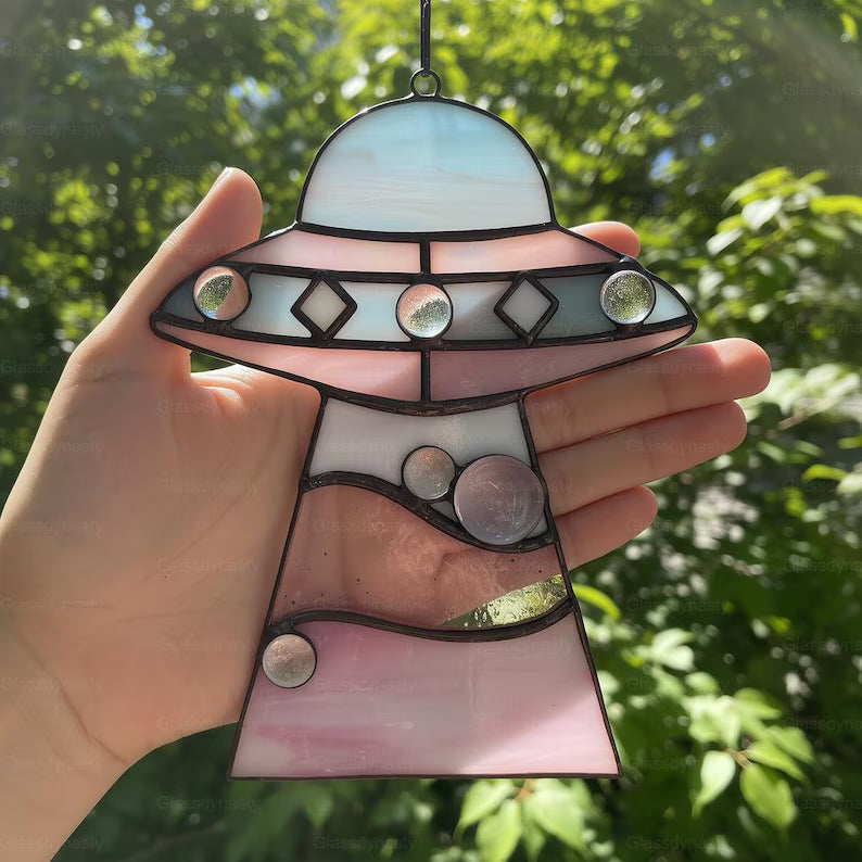 Custom Stained Glass Cat UFO Spaceship Suncatcher: Pressed Flower Alien Encounter Mobile