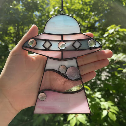 Custom Stained Glass Cat UFO Spaceship Suncatcher: Pressed Flower Alien Encounter Mobile