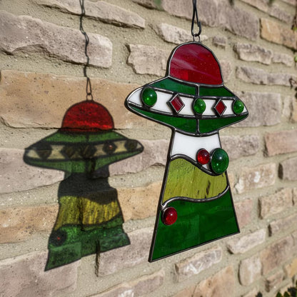 Custom Stained Glass Cat UFO Spaceship Suncatcher: Pressed Flower Alien Encounter Mobile