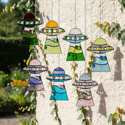 Custom Stained Glass Cat UFO Spaceship Suncatcher: Pressed Flower Alien Encounter Mobile