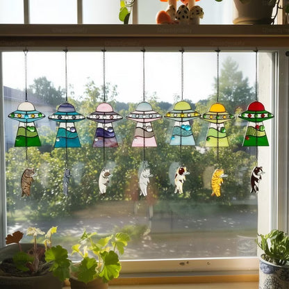 Custom Stained Glass Cat UFO Spaceship Suncatcher: Pressed Flower Alien Encounter Mobile