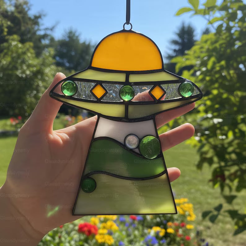 Custom Stained Glass Cat UFO Spaceship Suncatcher: Pressed Flower Alien Encounter Mobile