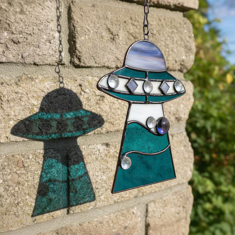 Custom Stained Glass Cat UFO Spaceship Suncatcher: Pressed Flower Alien Encounter Mobile