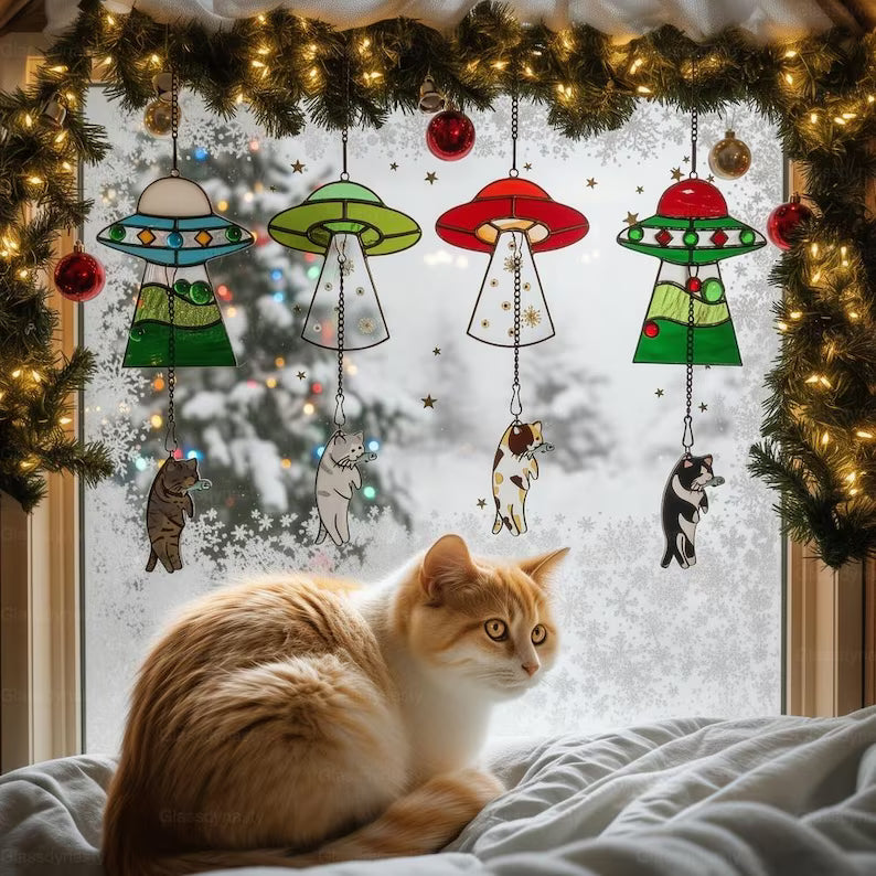 Custom Stained Glass Cat UFO Spaceship Suncatcher: Pressed Flower Alien Encounter Mobile