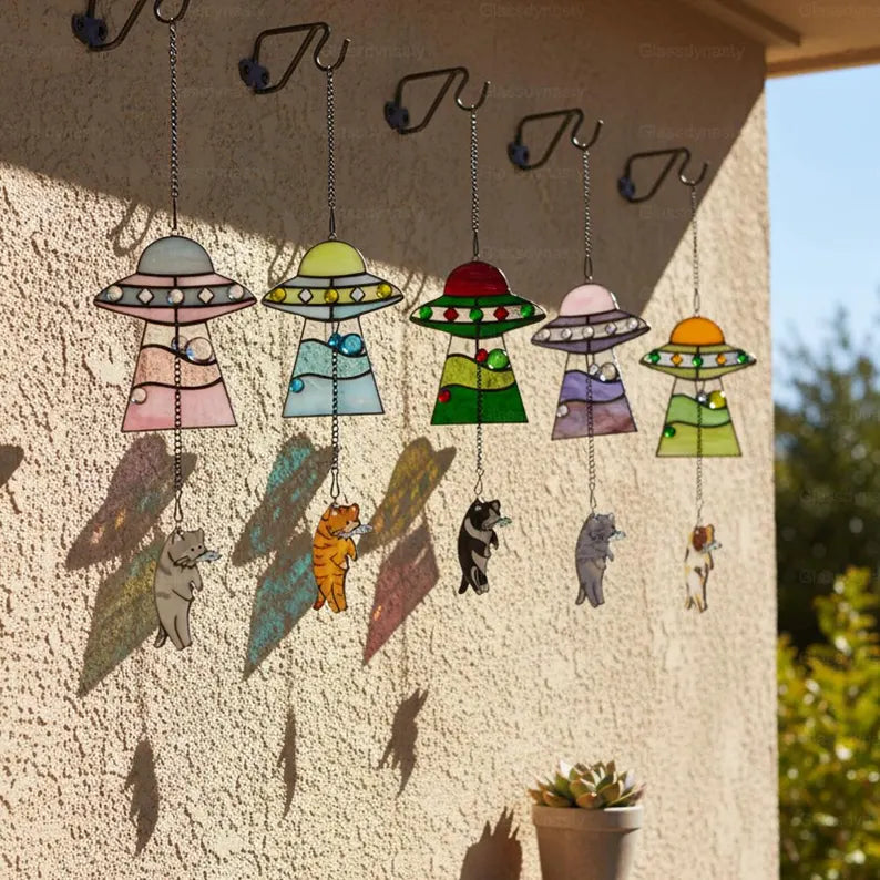 Custom Stained Glass Cat UFO Spaceship Suncatcher: Pressed Flower Alien Encounter Mobile