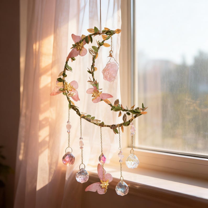Handcrafted Crystal Moon Suncatcher – Pink Flower & Butterfly Window Décor,Gift for Her