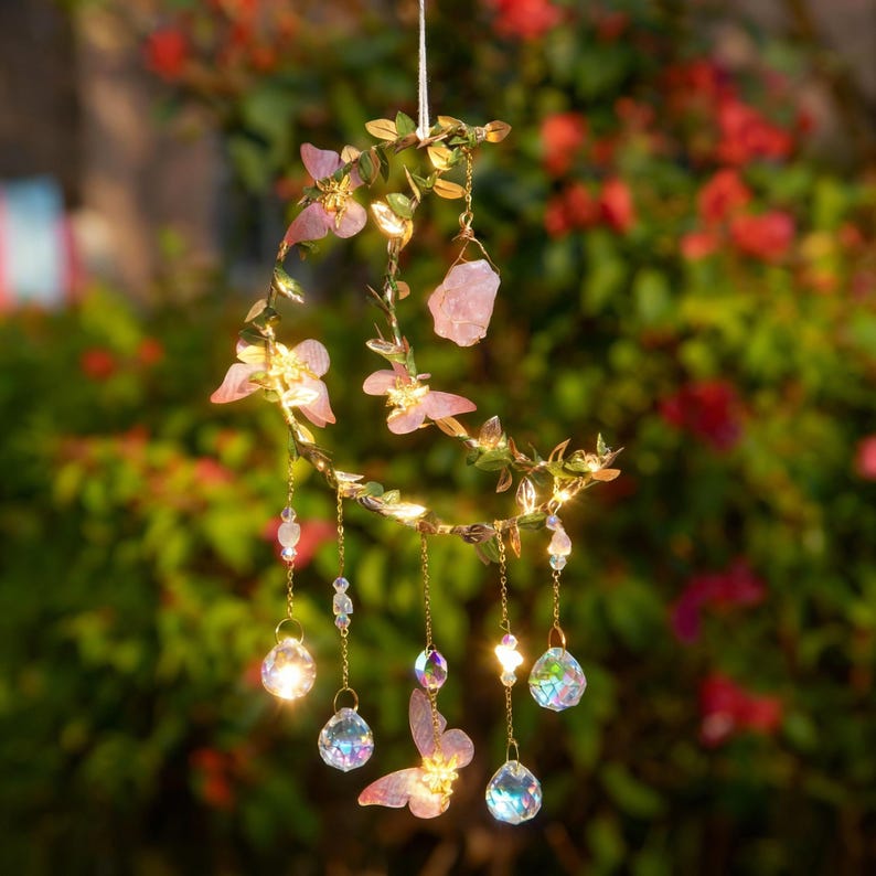Handcrafted Crystal Moon Suncatcher – Pink Flower & Butterfly Window Décor,Gift for Her