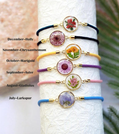 Birth Month Flower Bracelet Personalized Birthday Gift Pressed Flower Adjustable Bracelet Forgetme not Lavender Hydrangea Sunflower Bracelet