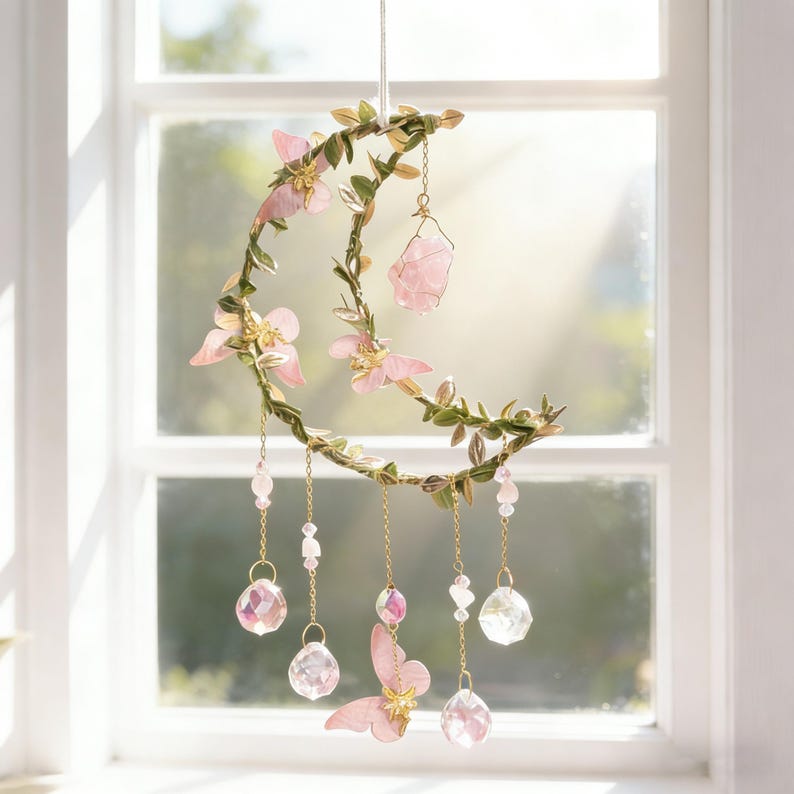 Handcrafted Crystal Moon Suncatcher – Pink Flower & Butterfly Window Décor,Gift for Her