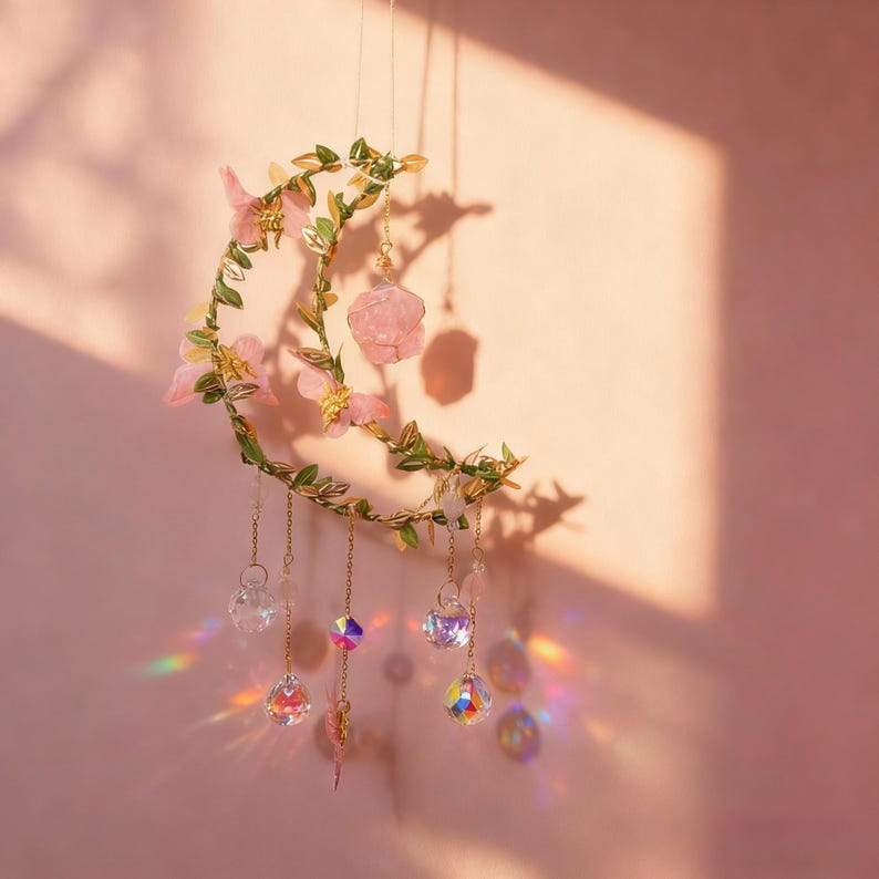 Handcrafted Crystal Moon Suncatcher – Pink Flower & Butterfly Window Décor,Gift for Her