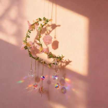 Handcrafted Crystal Moon Suncatcher – Pink Flower & Butterfly Window Décor,Gift for Her