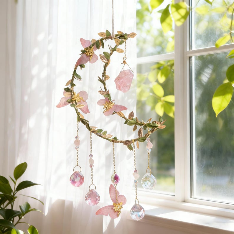 Handcrafted Crystal Moon Suncatcher – Pink Flower & Butterfly Window Décor,Gift for Her