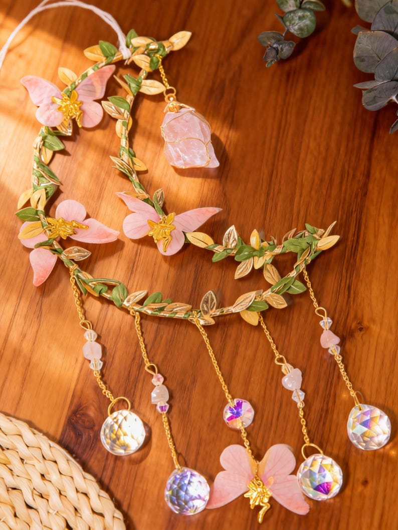 Handcrafted Crystal Moon Suncatcher – Pink Flower & Butterfly Window Décor,Gift for Her