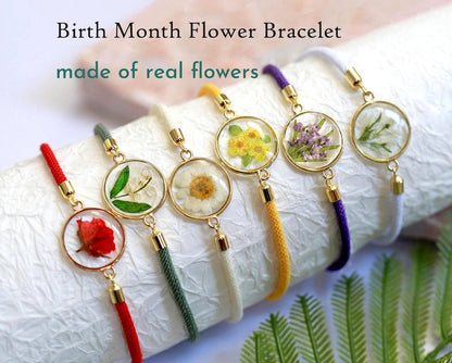 Birth Month Flower Bracelet Personalized Birthday Gift Pressed Flower Adjustable Bracelet Forgetme not Lavender Hydrangea Sunflower Bracelet