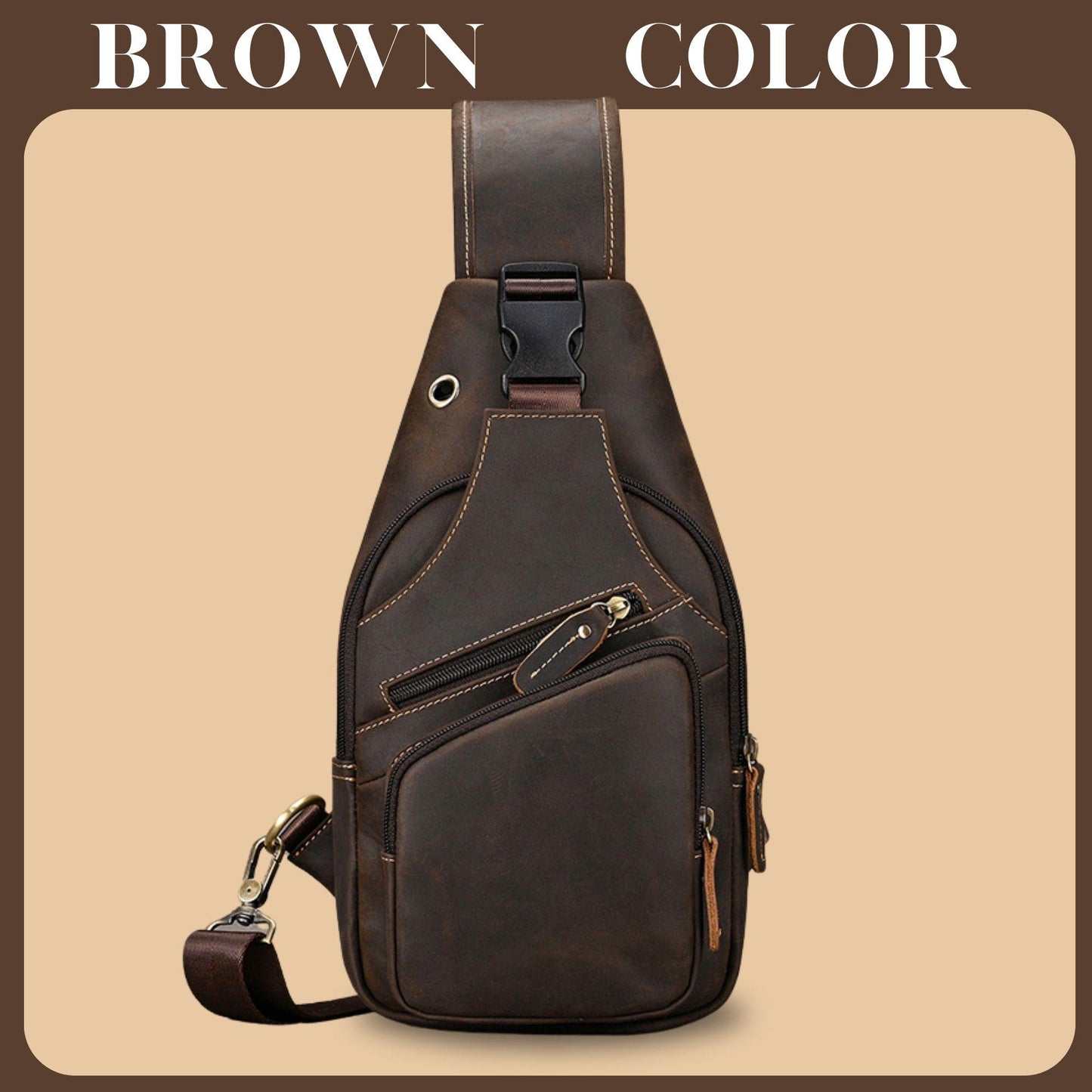 Handmade 100% Full-grain leather crossbody bag: Dark brown cowhide crossbody travel bag