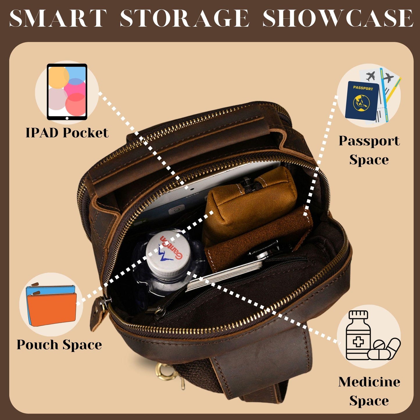 Handmade 100% Full-grain leather crossbody bag: Dark brown cowhide crossbody travel bag