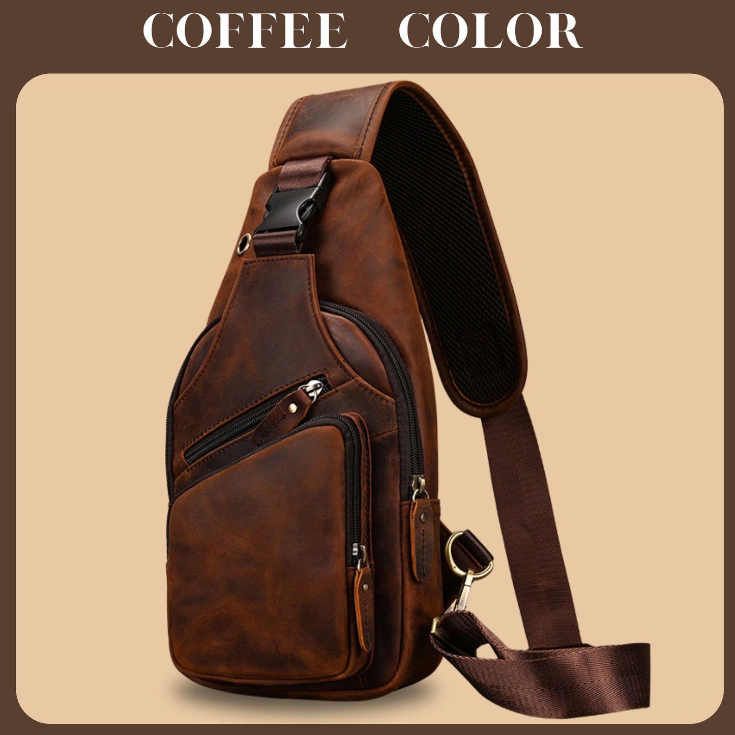 Handmade 100% Full-grain leather crossbody bag: Dark brown cowhide crossbody travel bag