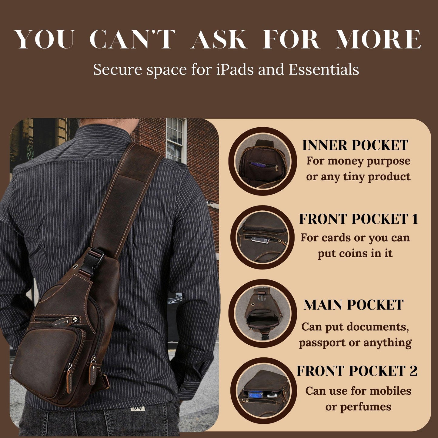 Handmade 100% Full-grain leather crossbody bag: Dark brown cowhide crossbody travel bag